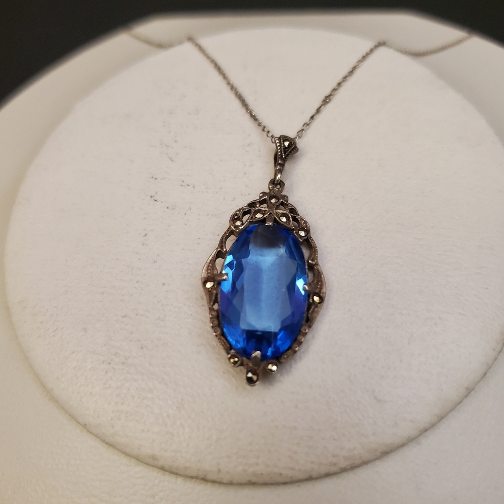 Art Deco Sterling Marcasite Jewelled Pendant - Picture 4 of 10